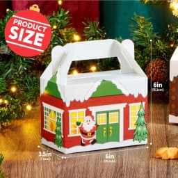 24 PCS 3D Christmas House Cardboard Treat Boxes for Holiday Xmas Goody 6" x 3.5" x 6" Goodie Cookie Boxes for Gift Giving, School Classroom Party Favor Supplies, 4 Designs Cardboard Candy Box