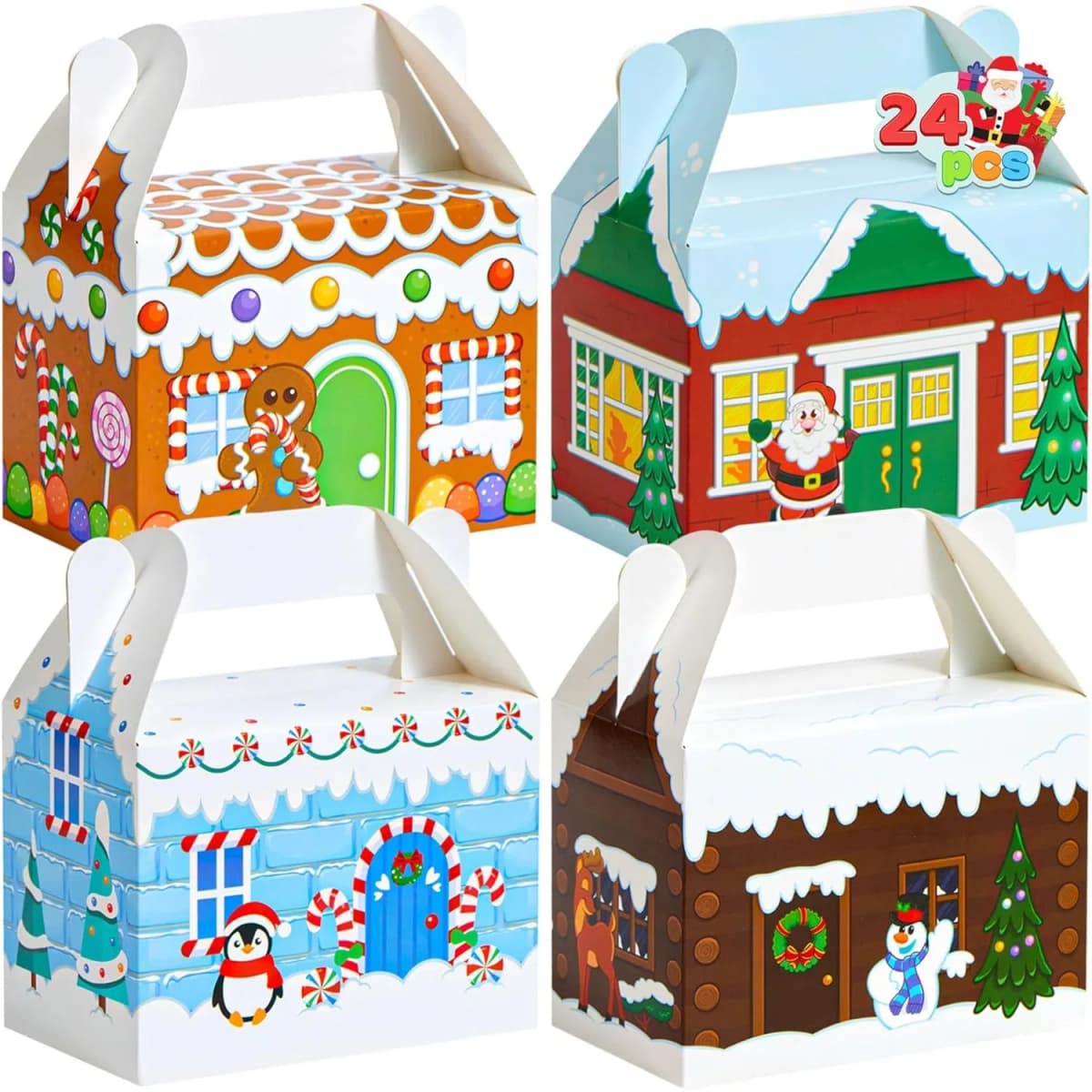 24 PCS 3D Christmas House Cardboard Treat Boxes for Holiday Xmas Goody 6" x 3.5" x 6" Goodie Cookie Boxes for Gift Giving, School Classroom Party Favor Supplies, 4 Designs Cardboard Candy Box