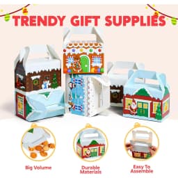 24 PCS 3D Christmas House Cardboard Treat Boxes for Holiday Xmas Goody 6" x 3.5" x 6" Goodie Cookie Boxes for Gift Giving, School Classroom Party Favor Supplies, 4 Designs Cardboard Candy Box