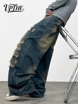 Men's Baggy Wide Leg Jeans, Y2K Vintage Washed Tiger Floral Embroidered Distressed Ripped Denim Pants, Loose Fit Hip Hop Streetwear Casual Trousers for Men