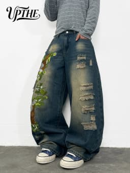 Men's Baggy Wide Leg Jeans, Y2K Vintage Washed Tiger Floral Embroidered Distressed Ripped Denim Pants, Loose Fit Hip Hop Streetwear Casual Trousers for Men