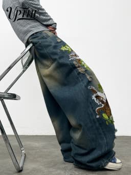 Men's Baggy Wide Leg Jeans, Y2K Vintage Washed Tiger Floral Embroidered Distressed Ripped Denim Pants, Loose Fit Hip Hop Streetwear Casual Trousers for Men
