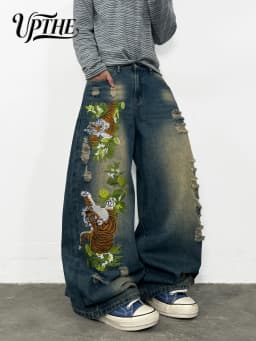 Men's Baggy Wide Leg Jeans, Y2K Vintage Washed Tiger Floral Embroidered Distressed Ripped Denim Pants, Loose Fit Hip Hop Streetwear Casual Trousers for Men