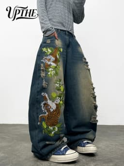 Men's Baggy Wide Leg Jeans, Y2K Vintage Washed Tiger Floral Embroidered Distressed Ripped Denim Pants, Loose Fit Hip Hop Streetwear Casual Trousers for Men