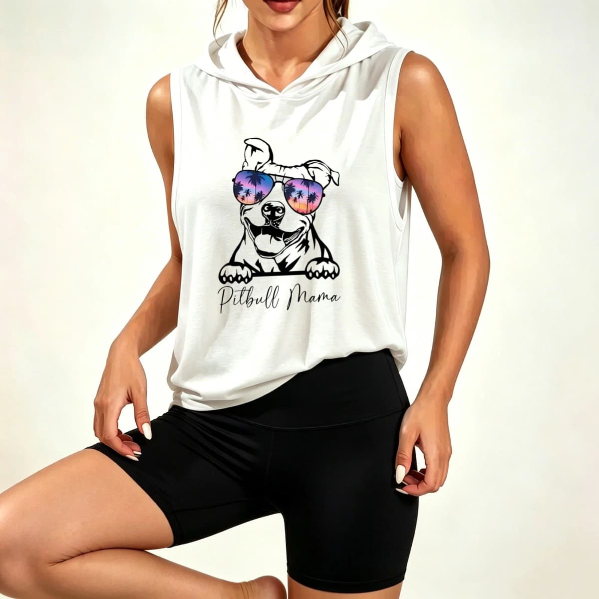 Women's Cute Pitbull Dog Sunglasses Print Sleeveless Hoodie with Biker Shorts Set, pet lover sports outfit, casual gym activewear