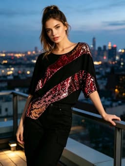 Women Black T‑Shirt Colorful Sequin Patchwork Short Sleeve Loose Tee Party Nightclub Casual Streetwear Tops