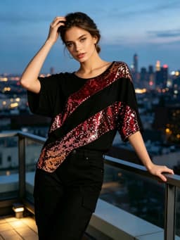 Women Black T‑Shirt Colorful Sequin Patchwork Short Sleeve Loose Tee Party Nightclub Casual Streetwear Tops