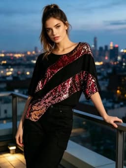 Women Black T‑Shirt Colorful Sequin Patchwork Short Sleeve Loose Tee Party Nightclub Casual Streetwear Tops