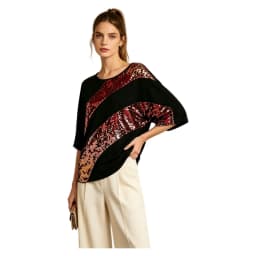 Women Black T‑Shirt Colorful Sequin Patchwork Short Sleeve Loose Tee Party Nightclub Casual Streetwear Tops