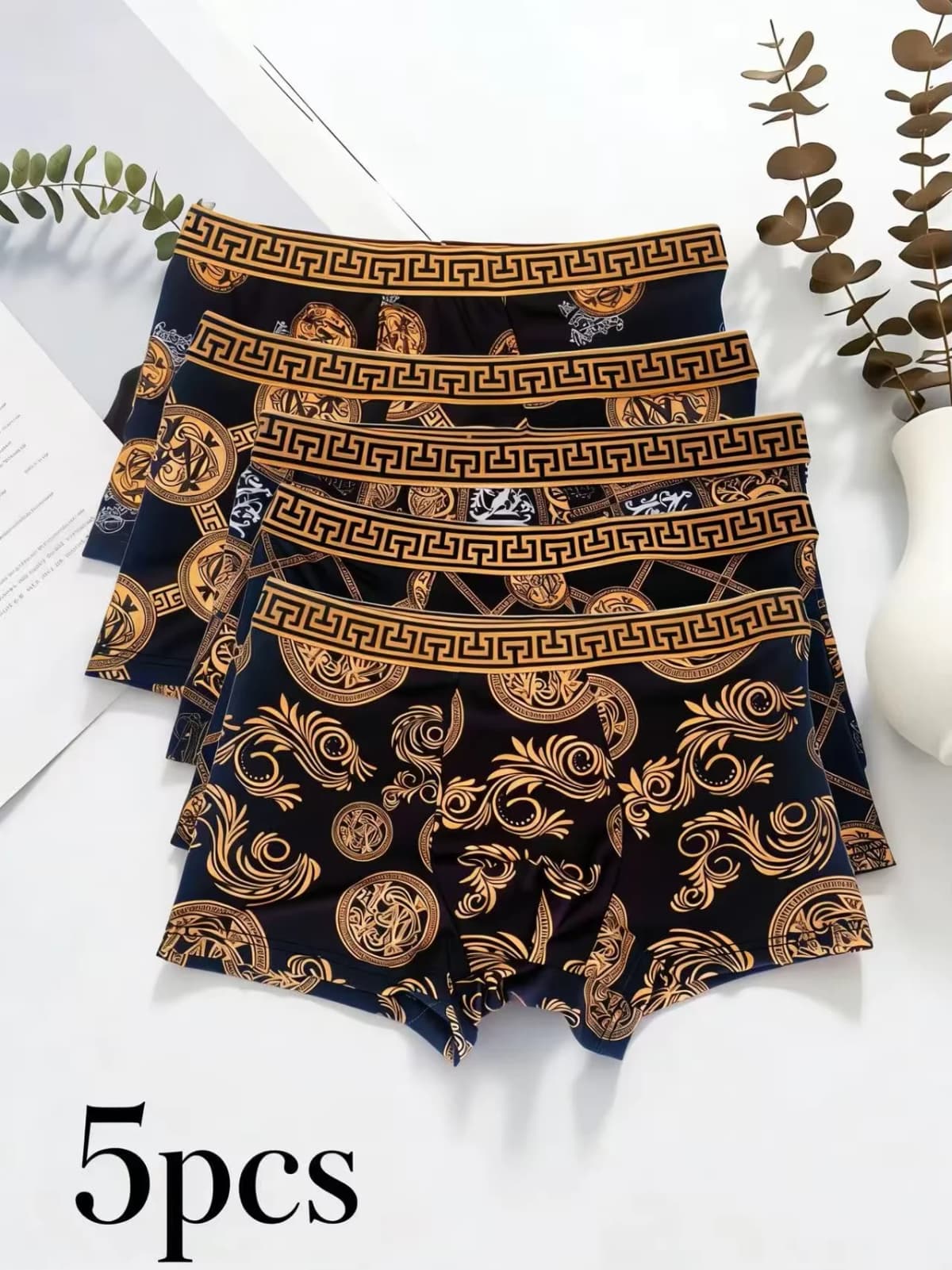 Bestselling Luxury Trendy Black Gold Print, Thin, Comfortable, Breathable and Antibacterial Plus Size Men's Boxer Briefs