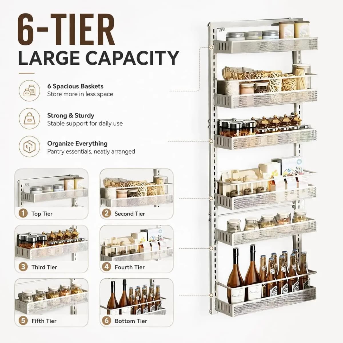 6PCS/set Over The Door Storage Organizer Space Saving Metal Seasoning Racks Kitchen Cabinet Door Spice Jar Organizer Removable for Kitchen, Bathroom, and Bedroom.