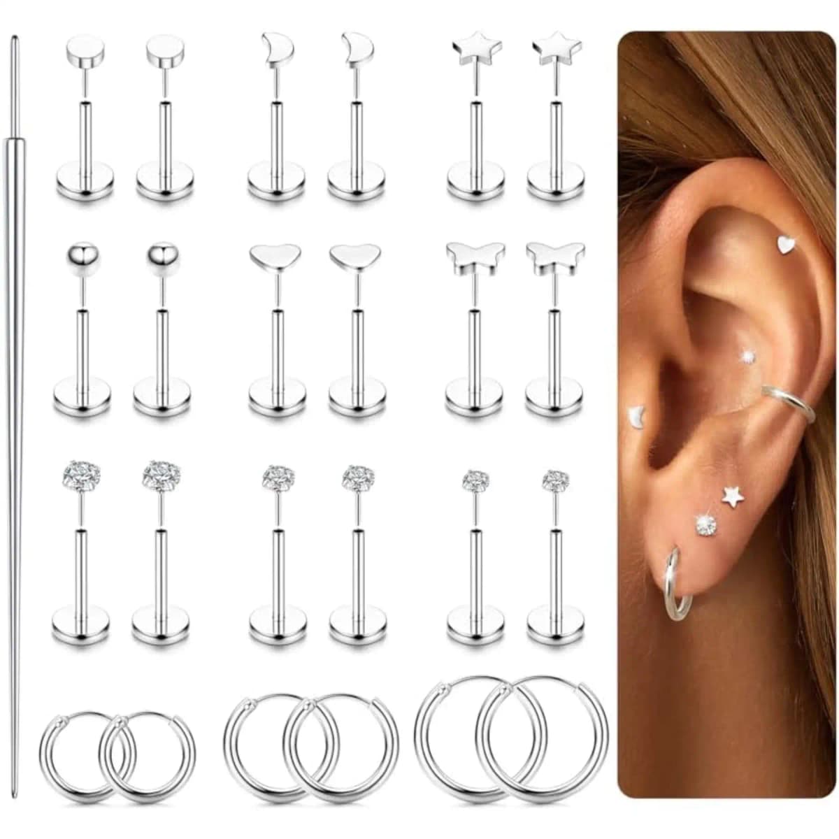 12 Pairs 316L Surgical Steel Flat Back Studs Hoop Earrings for Women Men CZ Stud Earrings Nose Stud Helix Piercing Jewelry