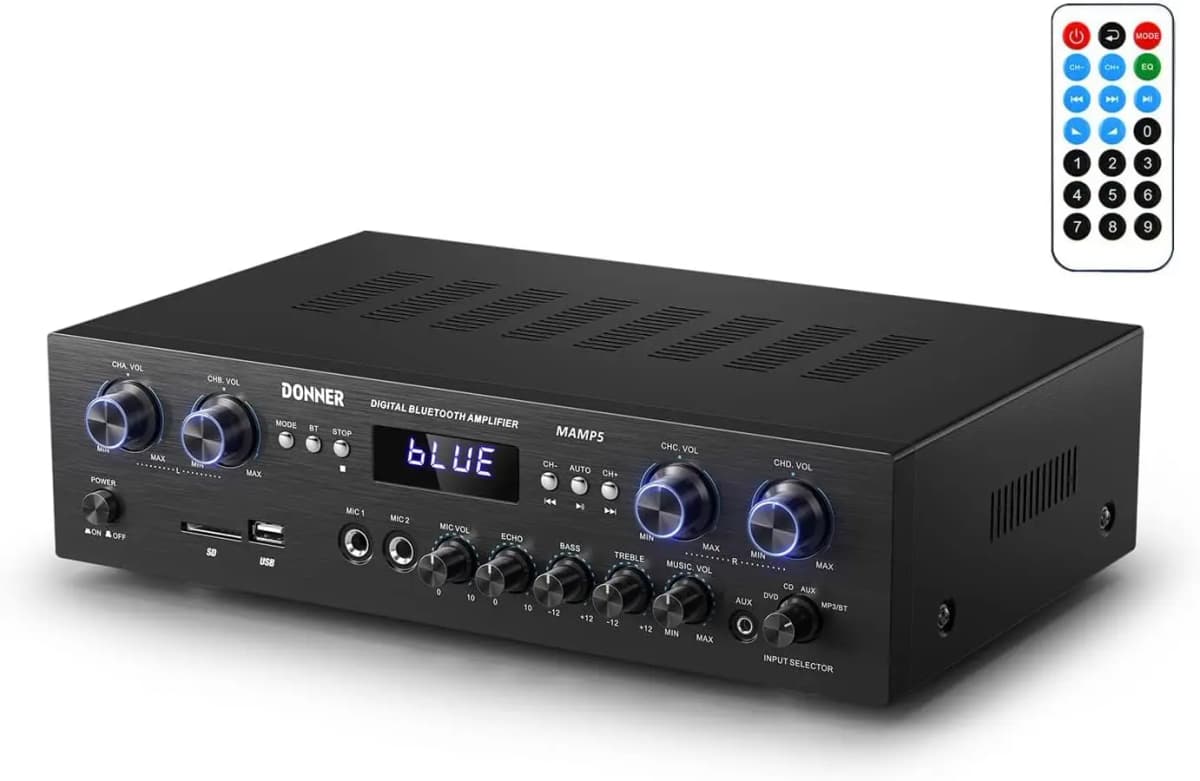Bluetooth 5.0 4-Channel Home Theater Stereo Amplifier Receiver, 440W Peak Power, with USB, SD, FM, Dual Mic Echo, RCA, LED, and Speaker Selector for Studio & Home Use