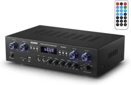 Bluetooth 5.0 4-Channel Home Theater Stereo Amplifier Receiver, 440W Peak Power, with USB, SD, FM, Dual Mic Echo, RCA, LED, and Speaker Selector for Studio & Home Use