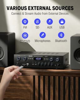 Bluetooth 5.0 4-Channel Home Theater Stereo Amplifier Receiver, 440W Peak Power, with USB, SD, FM, Dual Mic Echo, RCA, LED, and Speaker Selector for Studio & Home Use