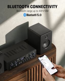 Bluetooth 5.0 4-Channel Home Theater Stereo Amplifier Receiver, 440W Peak Power, with USB, SD, FM, Dual Mic Echo, RCA, LED, and Speaker Selector for Studio & Home Use
