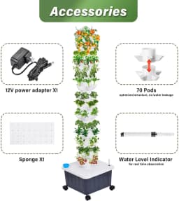14-Layer Vertical Hydroponic Grow Tower, 70 Slots Indoor Grow Tower with Water Tank Hydrating Pump, Timer, Adapter for Vegetables, Fruits