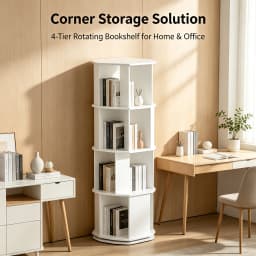 4-Tier Rotating Bookshelf 360° Display Revolving Bookcase, 176 lbs Capacity PVC Wood- Plastic Corner Storage Rack for Bedroom Living Room Study, White