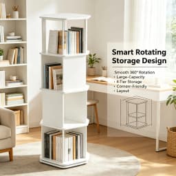 4-Tier Rotating Bookshelf 360° Display Revolving Bookcase, 176 lbs Capacity PVC Wood- Plastic Corner Storage Rack for Bedroom Living Room Study, White