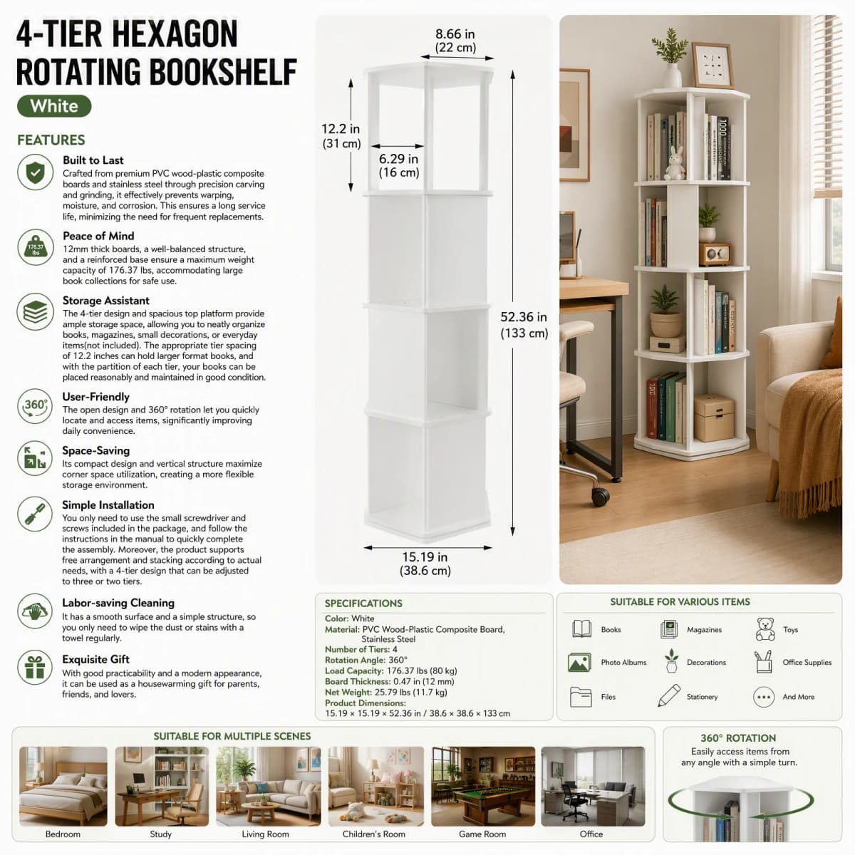 4-Tier Rotating Bookshelf 360° Display Revolving Bookcase, 176 lbs Capacity PVC Wood- Plastic Corner Storage Rack for Bedroom Living Room Study, White