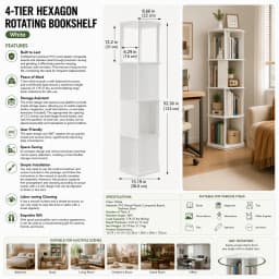 4-Tier Rotating Bookshelf 360° Display Revolving Bookcase, 176 lbs Capacity PVC Wood- Plastic Corner Storage Rack for Bedroom Living Room Study, White
