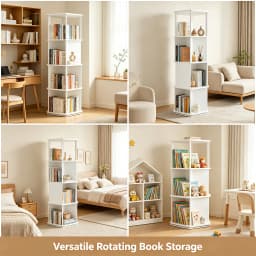 4-Tier Rotating Bookshelf 360° Display Revolving Bookcase, 176 lbs Capacity PVC Wood- Plastic Corner Storage Rack for Bedroom Living Room Study, White
