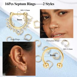 16 Pcs Septum Rings 16G for Women Men Surgical Steel Nose Rings 8MM Hypoallergenic Clicker Hinged Tragus Helix Daith Piercings Jewelry Horseshoe Nose Rings Lip Cartilage Hoops Set