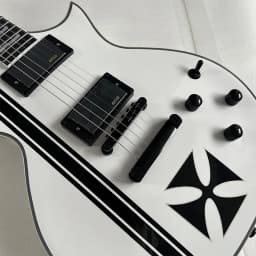 White glossy electric guitar with black stripes, solid wood, black hardware, shipped from a US warehouse, free shipping, dual pickups