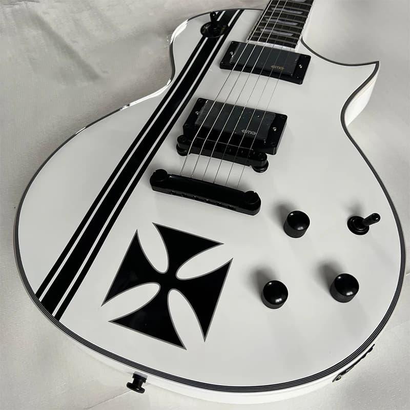 White glossy electric guitar with black stripes, solid wood, black hardware, shipped from a US warehouse, free shipping, dual pickups
