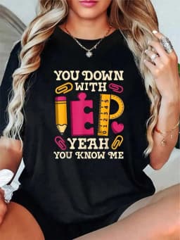 Ladies Special Education IEP SPED Teacher Print T‑Shirt 100% Cotton Casual Crew Neck Short Sleeve Tops You Down With IEP Funny Retro School Supply Graphic Tees Daily Outfit Tops