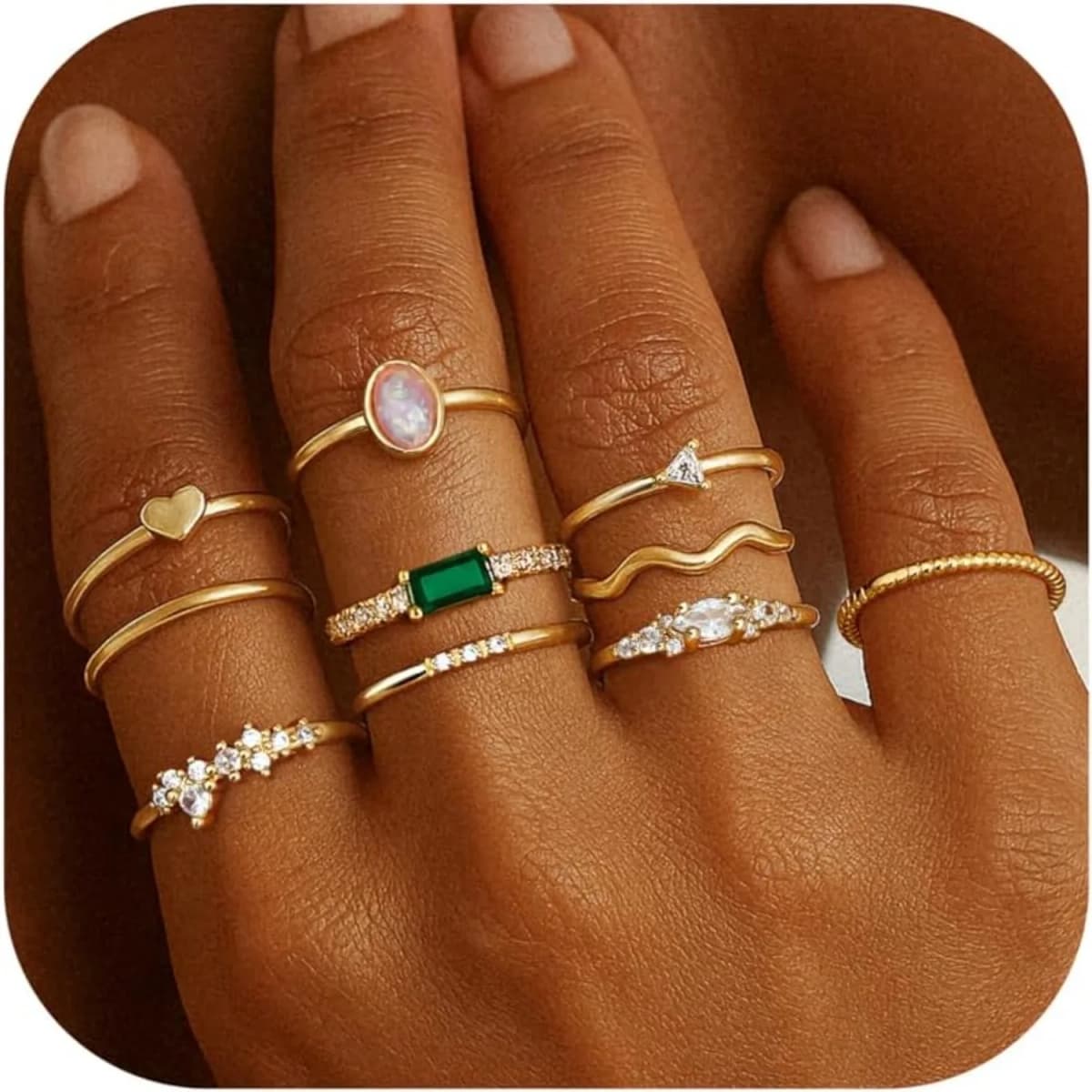 10Pcs 14K Gold Plated Stacking Rings for Women Simple Dainty Stackable Knuckle Thumb Rings Heart CZ Opal Rings Plain Band Size 5-11