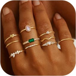 10Pcs 14K Gold Plated Stacking Rings for Women Simple Dainty Stackable Knuckle Thumb Rings Heart CZ Opal Rings Plain Band Size 5-11