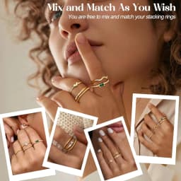 10Pcs 14K Gold Plated Stacking Rings for Women Simple Dainty Stackable Knuckle Thumb Rings Heart CZ Opal Rings Plain Band Size 5-11
