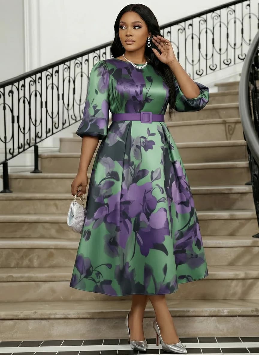 Women Plus Size Round Neck Puff Three Quarter Sleeve Floral Print Midi Dress Elegant A Line Flared Dress For Wedding Guest Formal Occasion