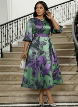 Women Plus Size Round Neck Puff Three Quarter Sleeve Floral Print Midi Dress Elegant A Line Flared Dress For Wedding Guest Formal Occasion