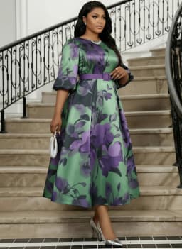Women Plus Size Round Neck Puff Three Quarter Sleeve Floral Print Midi Dress Elegant A Line Flared Dress For Wedding Guest Formal Occasion