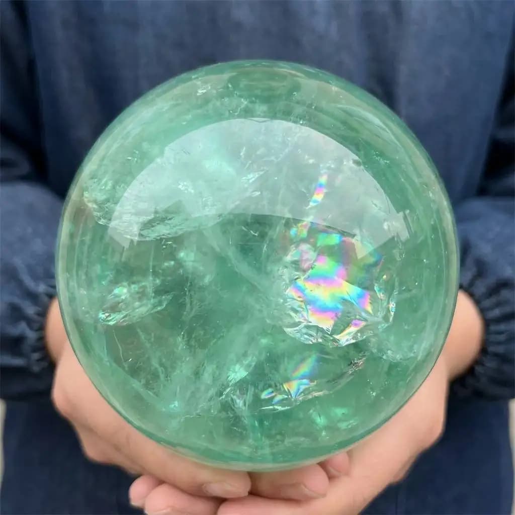 Natural Green Fluorite Crystal Sphere Ball 2-3.1in with Wood Base Large Handmade Translucent Banded Mint Green High Quality Orb Wooden Stand Display Home Decor Desk Ornament Office Decor Room Decor Bedroom Decor Table Centerpiece Collectible Feng Shui Set