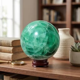 Natural Green Fluorite Crystal Sphere Ball 2-3.1in with Wood Base Large Handmade Translucent Banded Mint Green High Quality Orb Wooden Stand Display Home Decor Desk Ornament Office Decor Room Decor Bedroom Decor Table Centerpiece Collectible Feng Shui Set