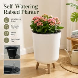 Self‑Watering Indoor Floor Planter, White Large Cylindrical Flower Pot With Natural Wooden Leg Stand, Water‑Level Gauge Decorative Houseplant Container for Home Office
