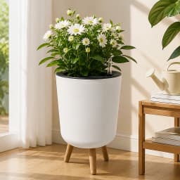 Self‑Watering Indoor Floor Planter, White Large Cylindrical Flower Pot With Natural Wooden Leg Stand, Water‑Level Gauge Decorative Houseplant Container for Home Office