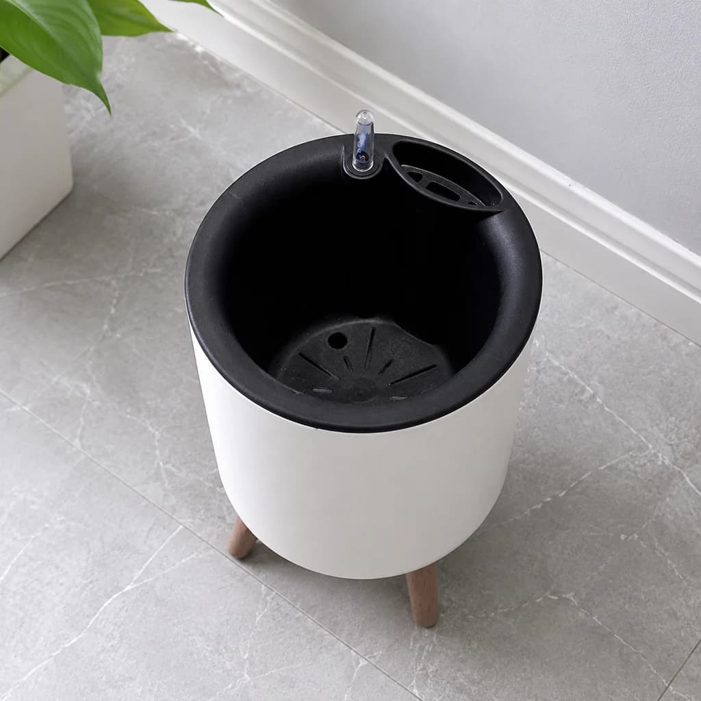 Self‑Watering Indoor Floor Planter, White Large Cylindrical Flower Pot With Natural Wooden Leg Stand, Water‑Level Gauge Decorative Houseplant Container for Home Office