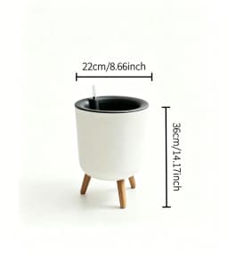 Self‑Watering Indoor Floor Planter, White Large Cylindrical Flower Pot With Natural Wooden Leg Stand, Water‑Level Gauge Decorative Houseplant Container for Home Office