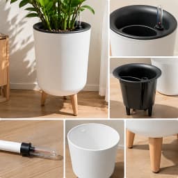 Self‑Watering Indoor Floor Planter, White Large Cylindrical Flower Pot With Natural Wooden Leg Stand, Water‑Level Gauge Decorative Houseplant Container for Home Office