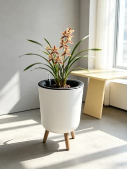 Self‑Watering Indoor Floor Planter, White Large Cylindrical Flower Pot With Natural Wooden Leg Stand, Water‑Level Gauge Decorative Houseplant Container for Home Office
