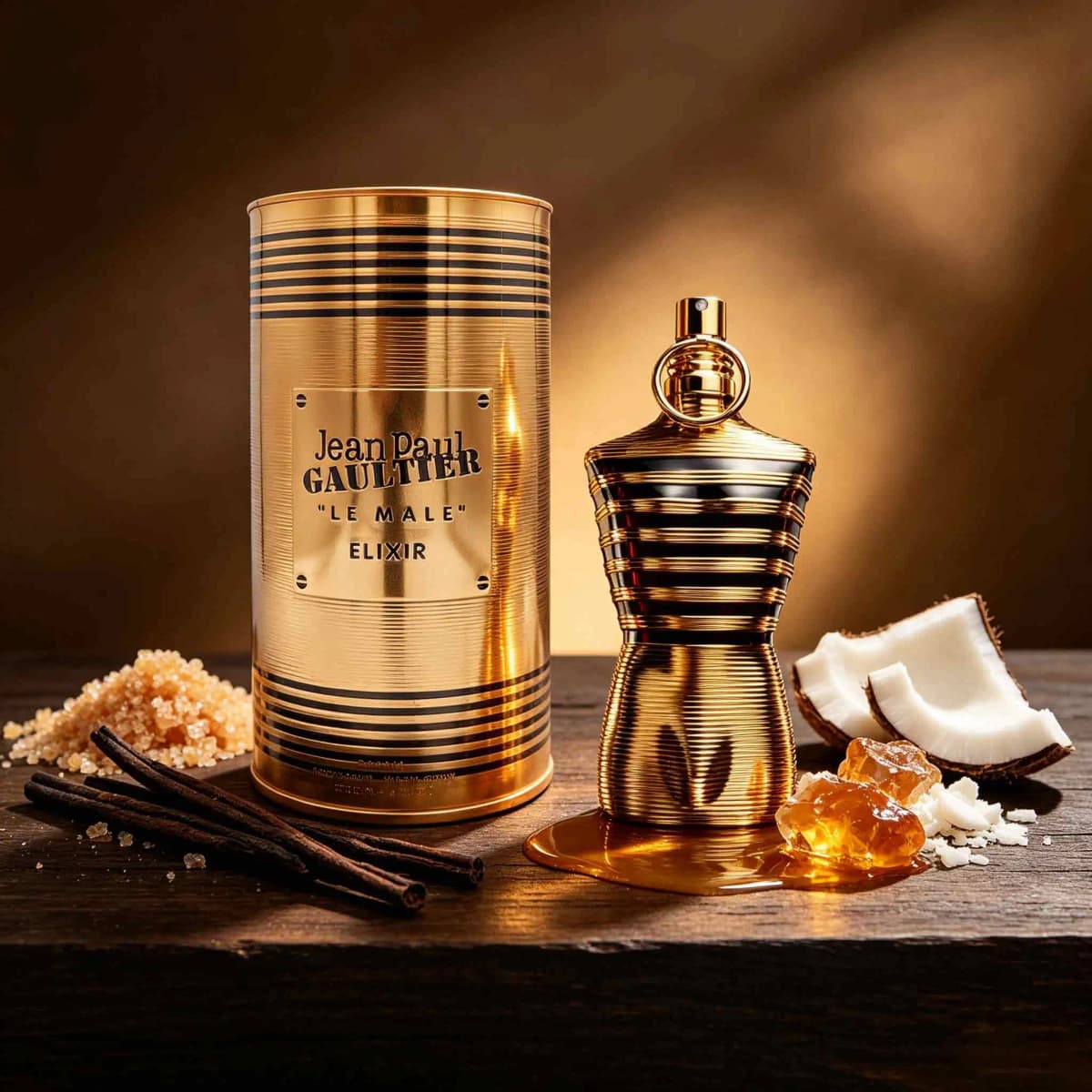 Jean Paul Gaultier Le Male Elixir Comes With Eye‑catching Golden Sculptural Bottle. Lntense Sweet Spicy‑Woody Scent, For Men Who Love Bold And Distinctive Fragrance.