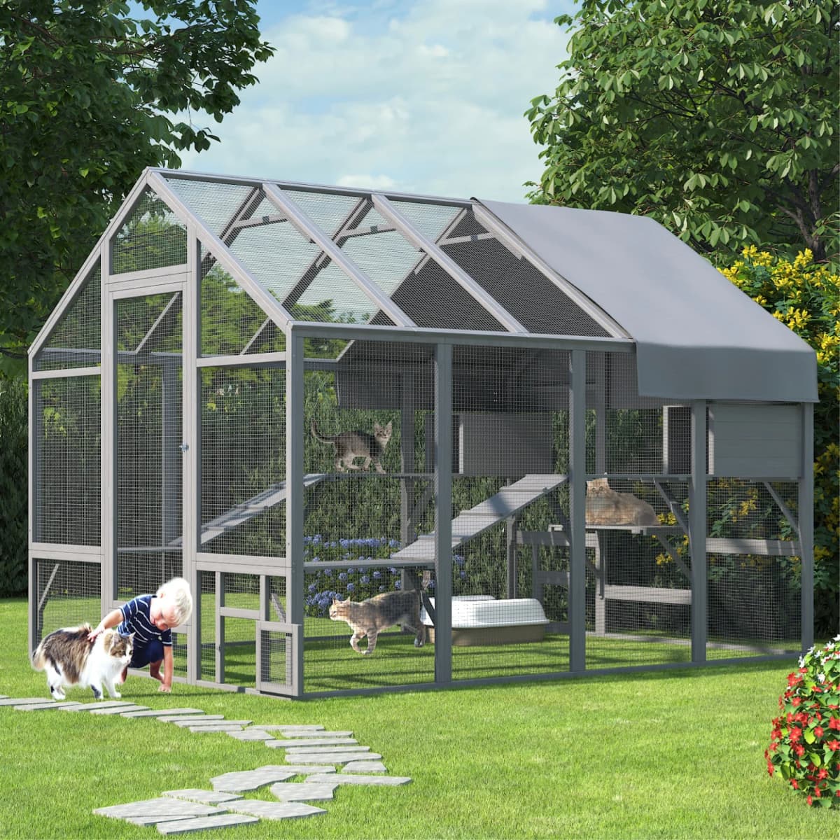 Walk-In Outdoor Cat Enclosure, Extra Large Waterproof Catio for Multiple Cats, Cat Run Cage with 2 Condos, 7 Platforms & Bridges, Grey