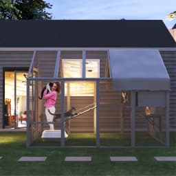 Walk-In Outdoor Cat Enclosure, Extra Large Waterproof Catio for Multiple Cats, Cat Run Cage with 2 Condos, 7 Platforms & Bridges, Grey