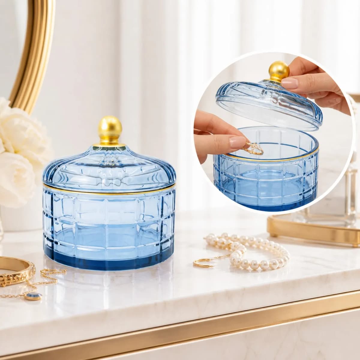 Glass Lidded Trinket Box Blue