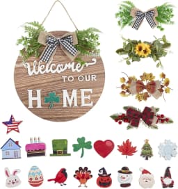 1SET Interchangeabl Welcome Home Sign Round Wooden Artwork Perfect for Living Room Bedroom House Hanging Tag for All Seasons Housewarming Gift