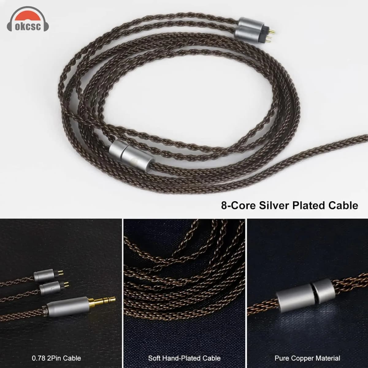 OKCSC 0.78mm 2‑Pin Upgrade Replacement Silver‑Plated IEM Cable 8‑Core OFC Audio Cord 4FT Length 3.5mm Plug for KZ ED16 ZSA ES4 ZSR ZST ZS10 ZS5 ZS6